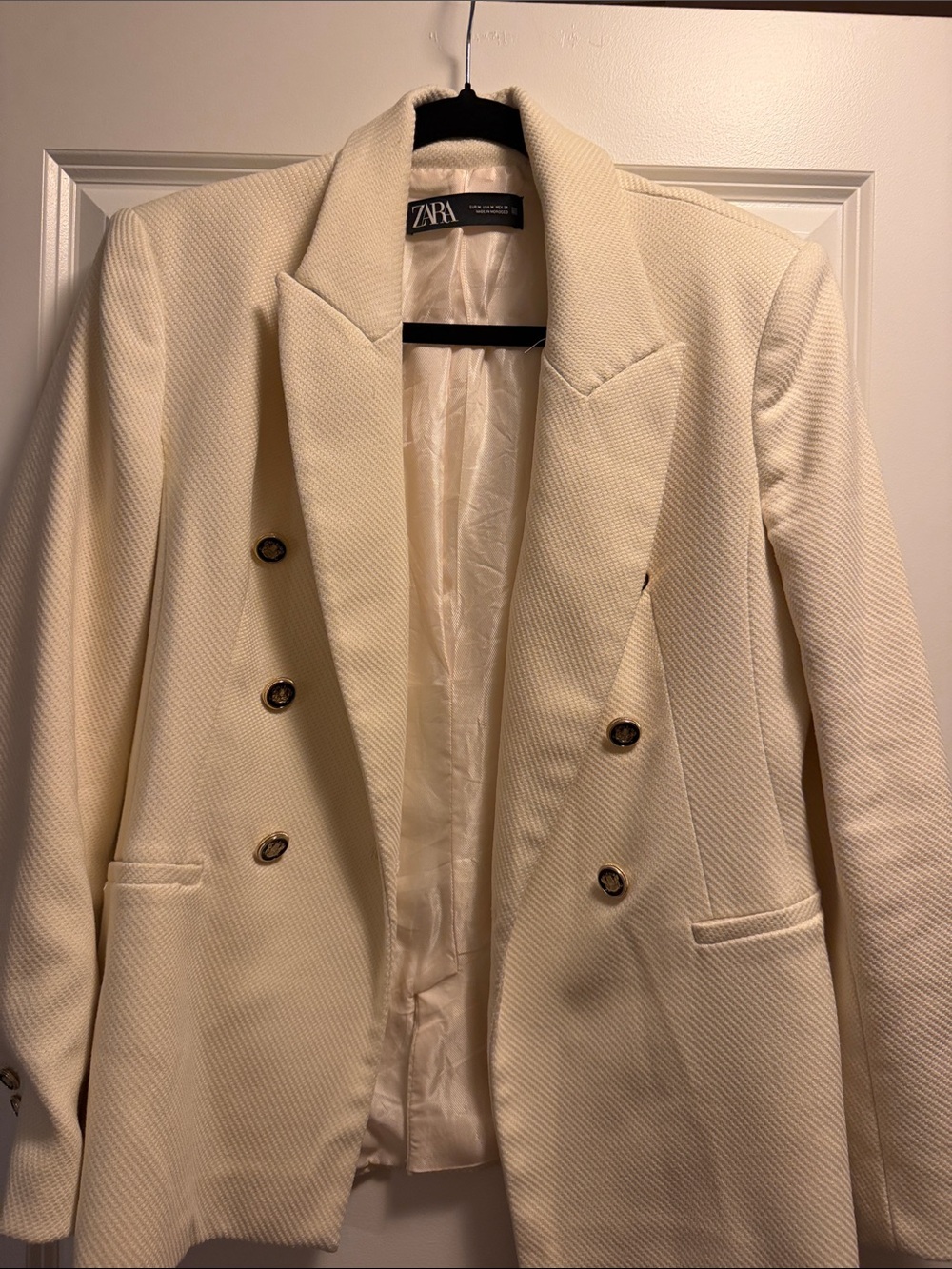 ZARA Ivory Double-Breasted Textured Blazer